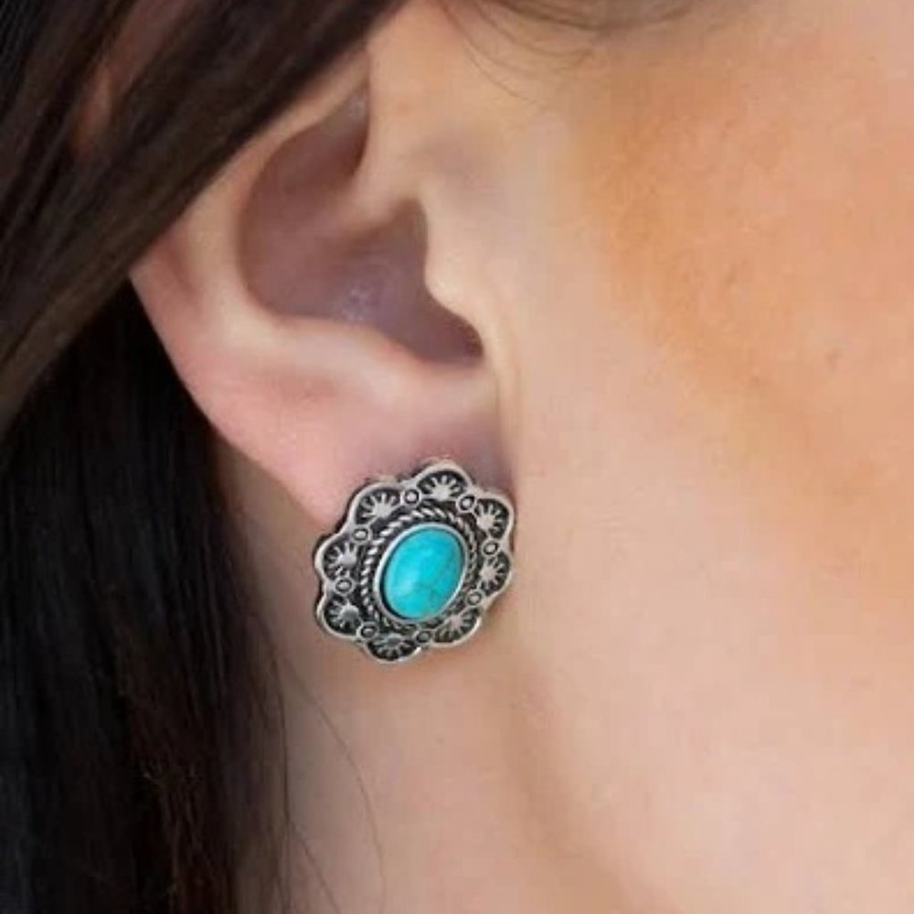 Turquoise Stone Silver-Tone Floral Stud Earrings